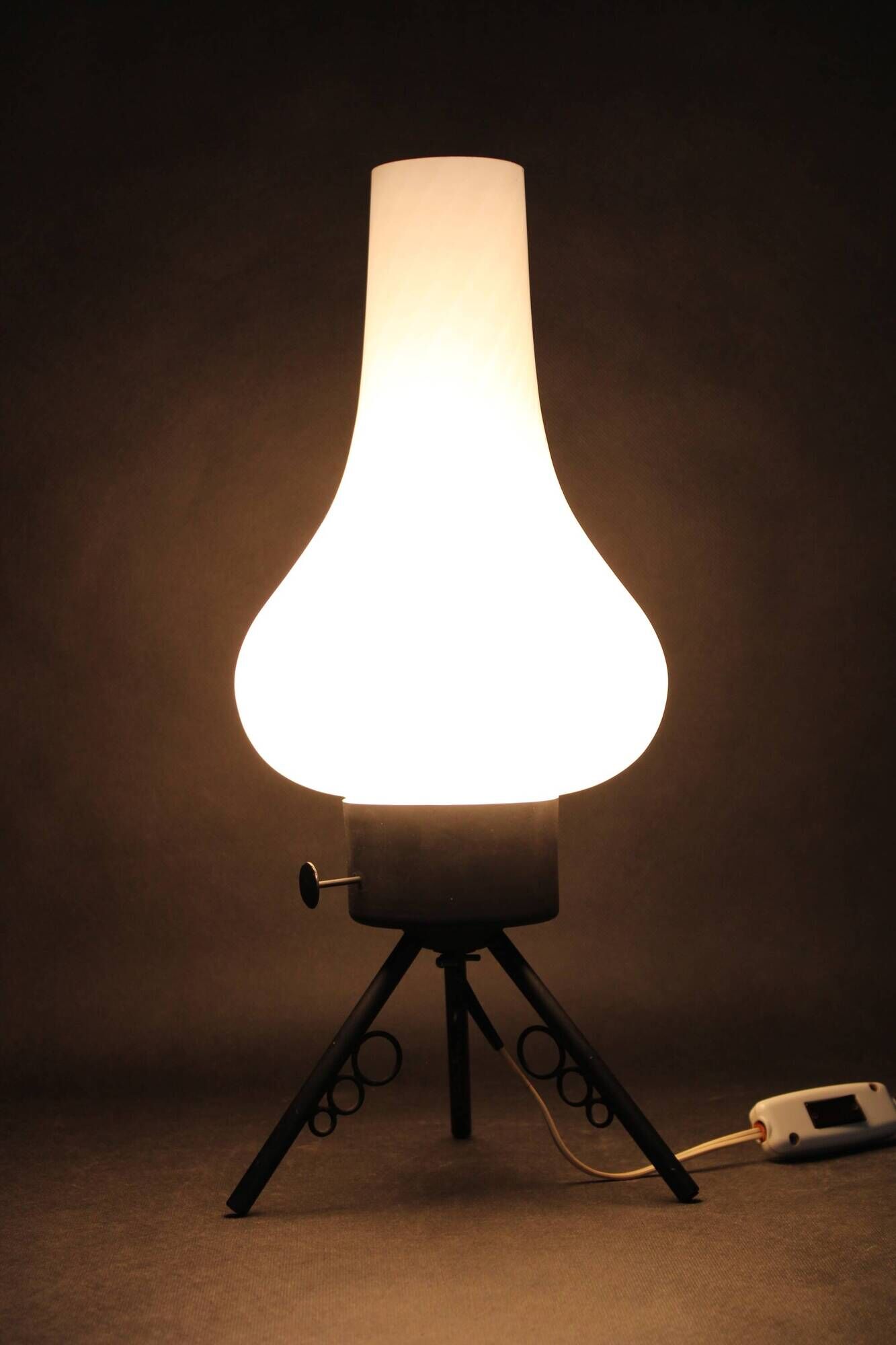 1960s Czech mid-century table lamp with sculptural glass shade and metal tripod