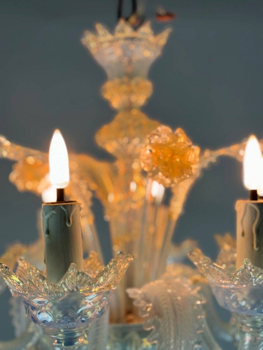 Small Venetian Chandelier In Opalescent Blue And Gold Murano Glass, 6 Arms Of Light Circa 1950