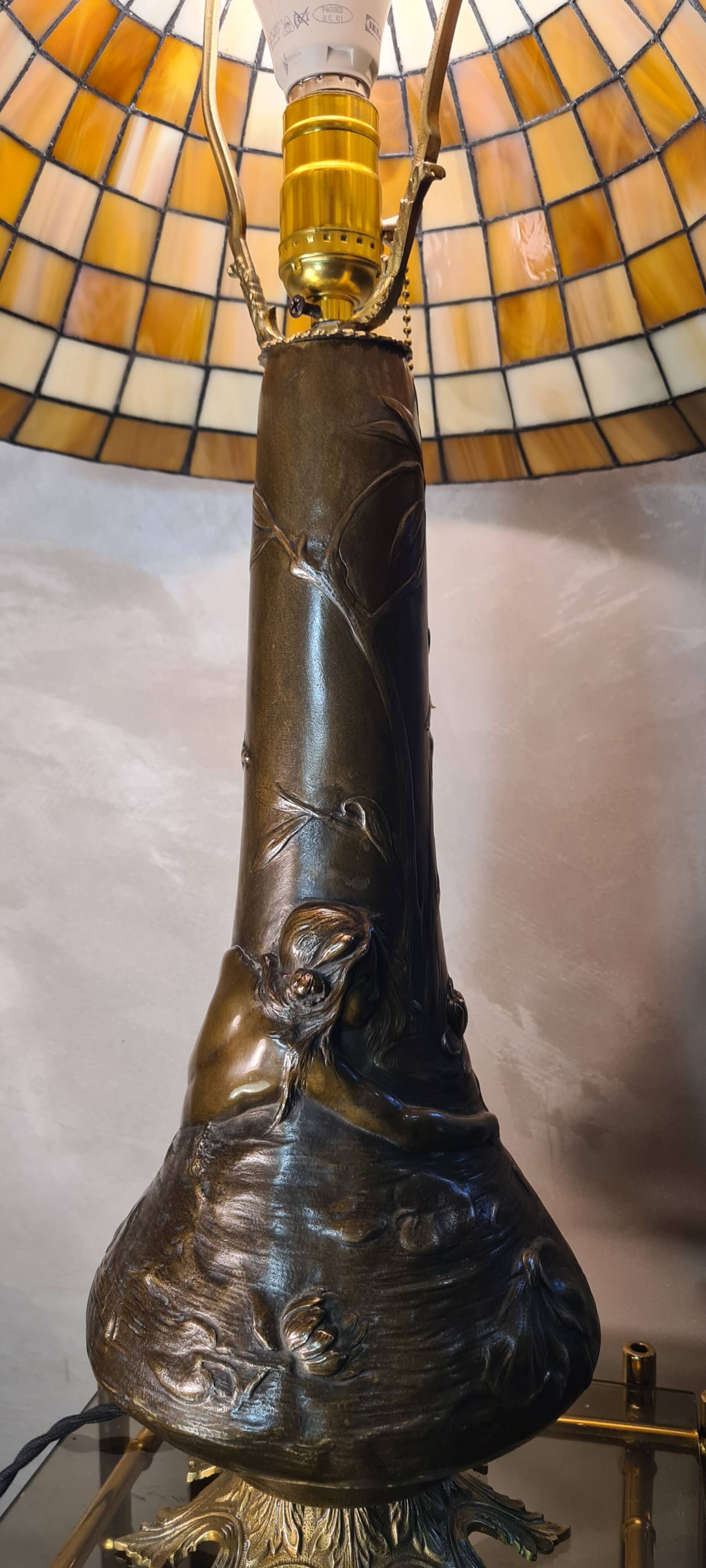 Large bronze lamp nynph in the bath 63x38 superb tiffany style lampshade