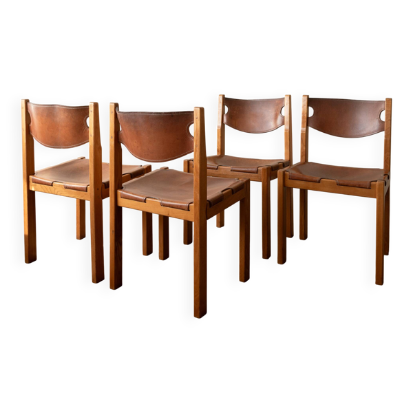 Chaises de salle à manger en chêne brut et cuir par Maison Regain, années 1970, ensemble de 4