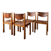 Chaises de salle à manger en chêne brut et cuir par Maison Regain, années 1970, ensemble de 4