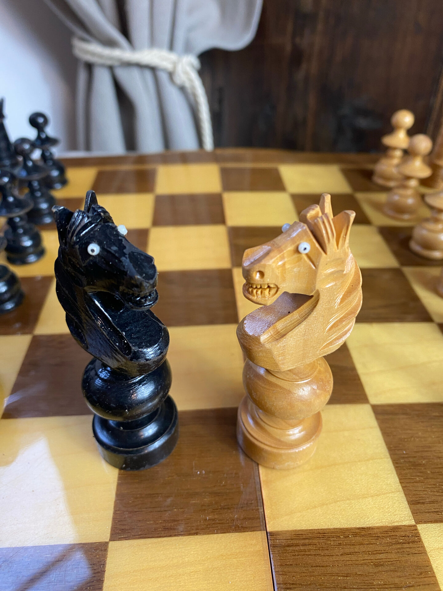 Chess set with wooden board and pieces