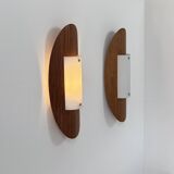 Pair of vintage wall lights in thermoformed wood and opaline glass, France, 1980.