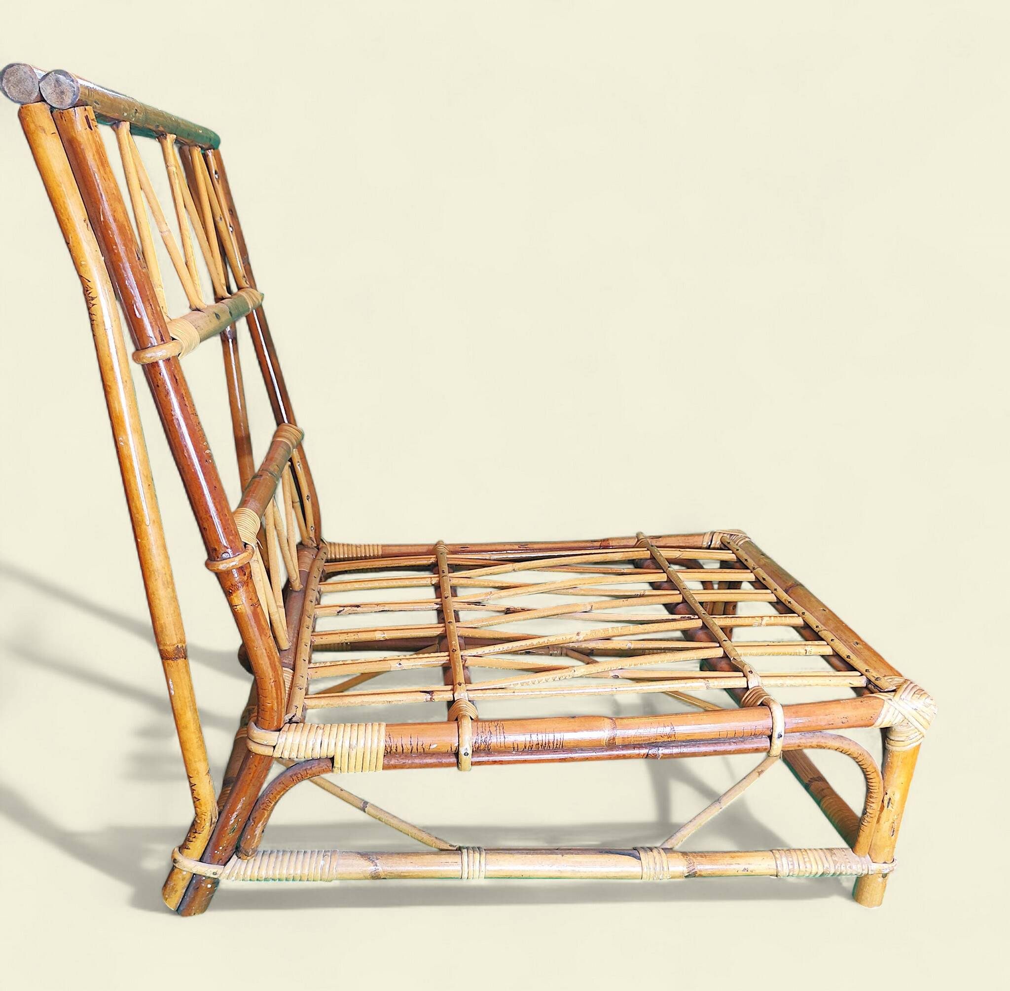 Low Varnished Rattan Armchair by Audoux-Minnet - Golfe-Juan, 1950s-1960s