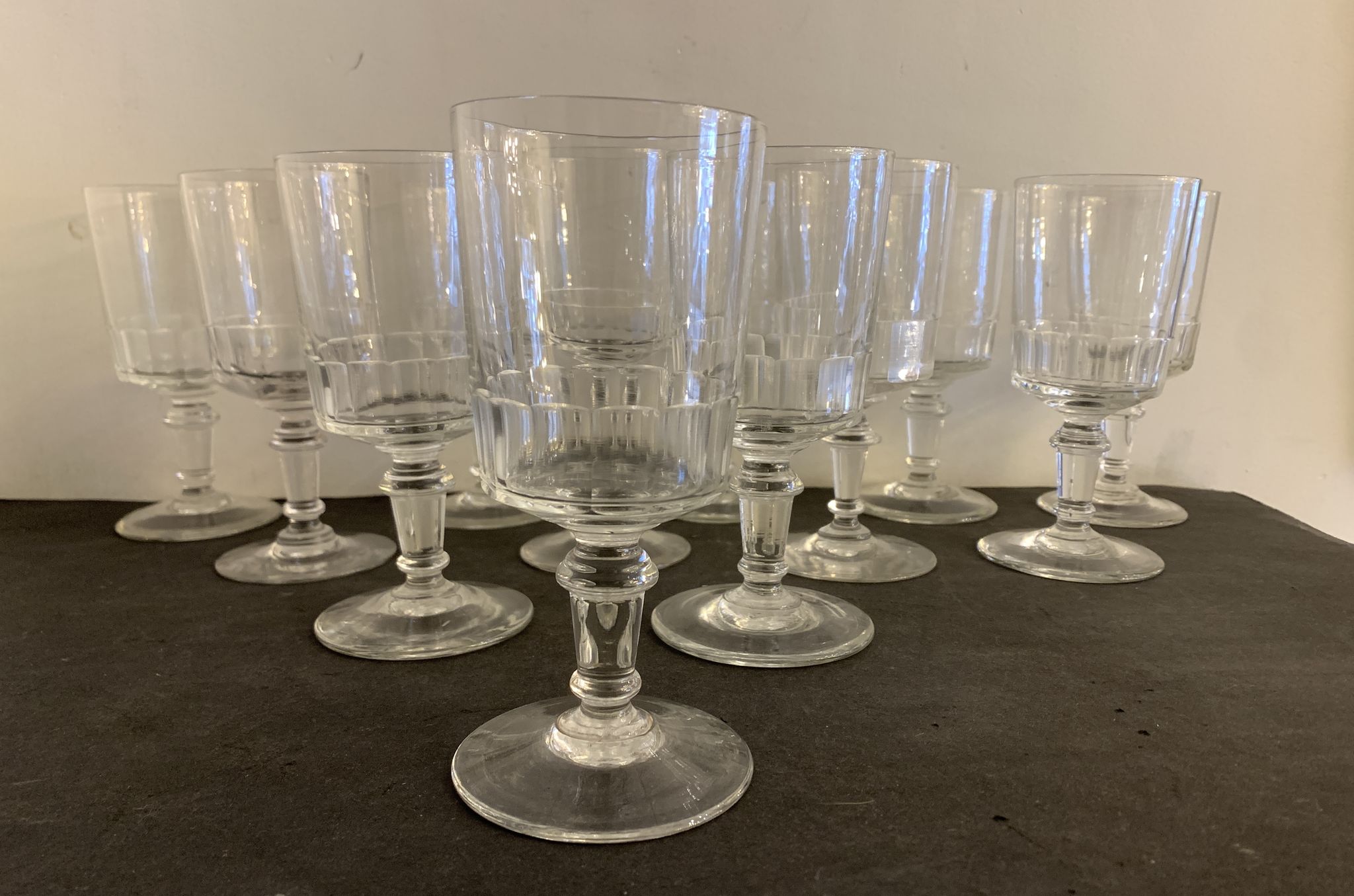 12 antique blown stemmed glasses, Mirabeau model of Baccarat
