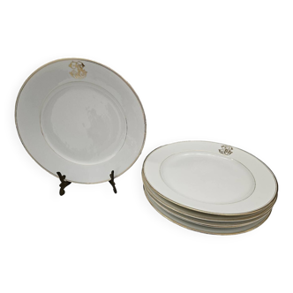 Six plates with monogram in Limoges porcelain
