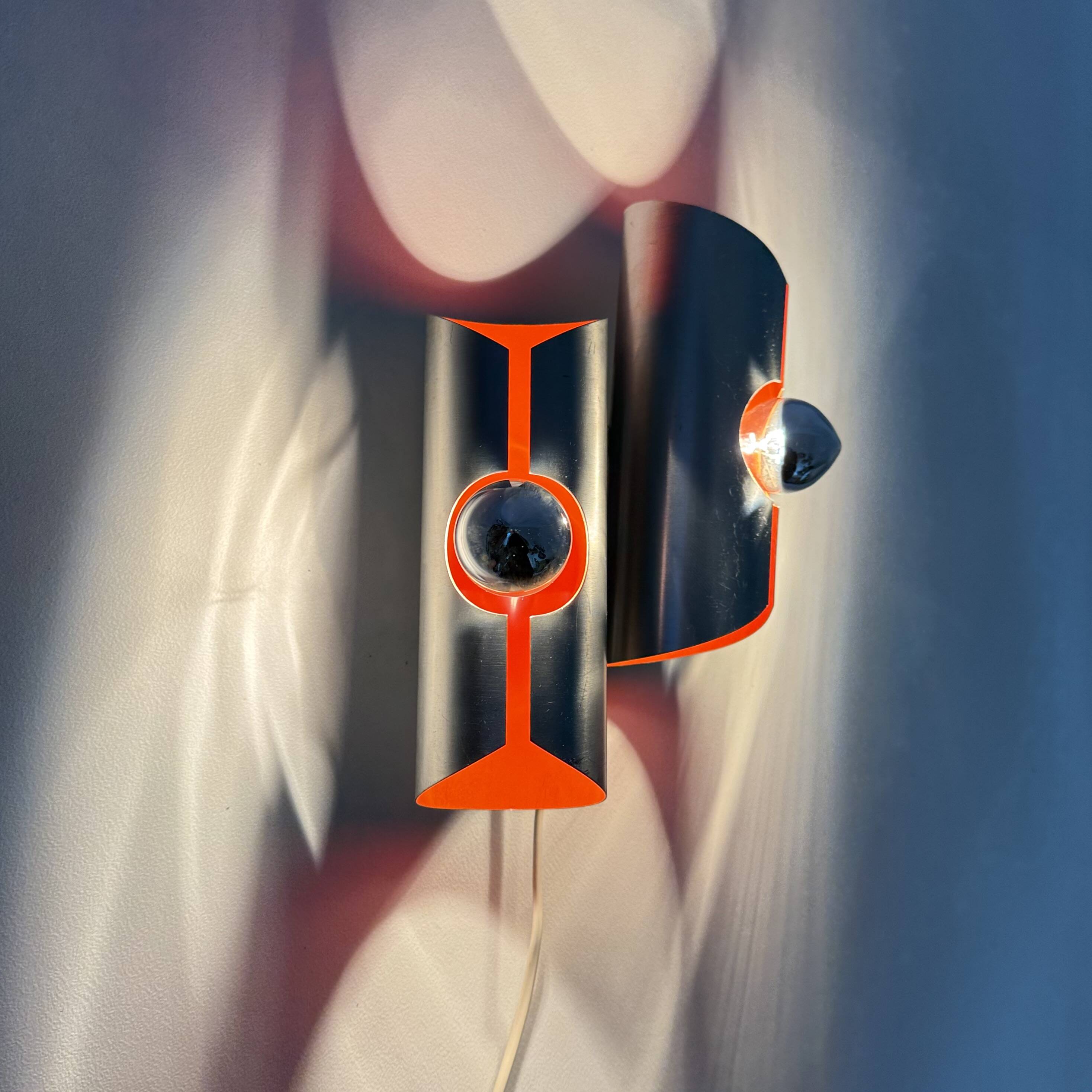 Space age aluminium with orange inside wall lamp sconce , 1970s