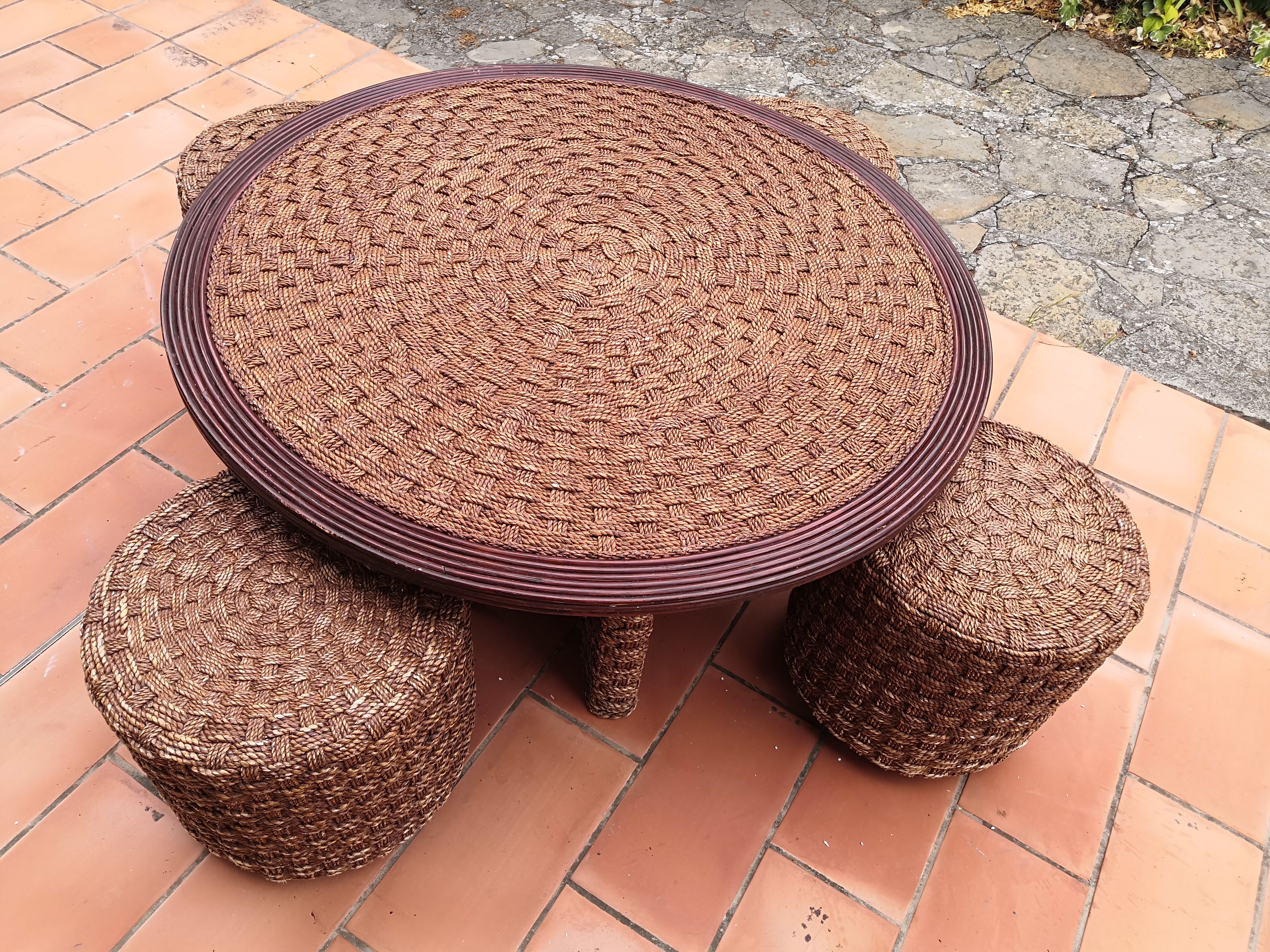 Living room set, vintage rope coffee table with 4 stools 1950