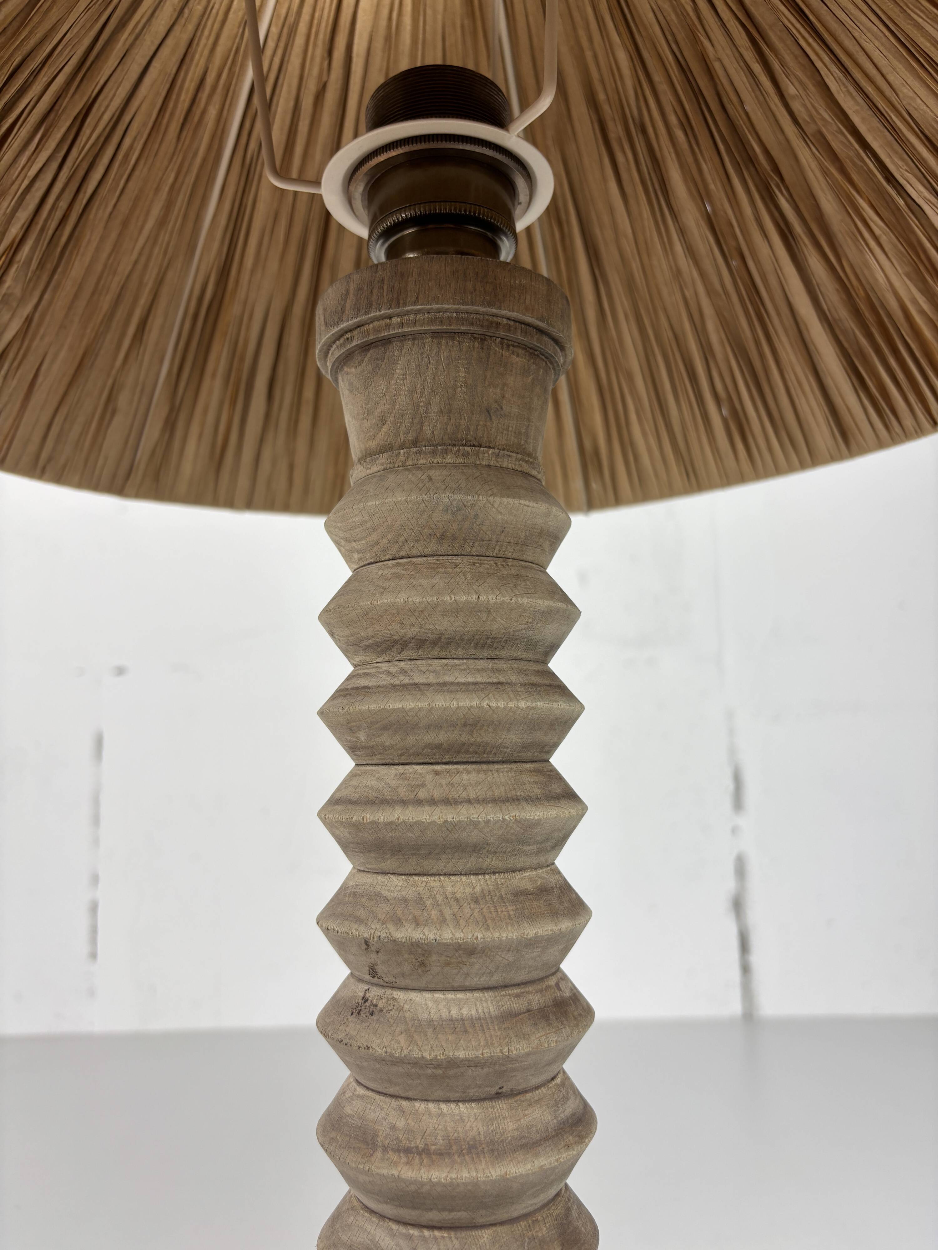 Wabi sabi brutalist wood turned table lamp in the style of Charles Dudouyt