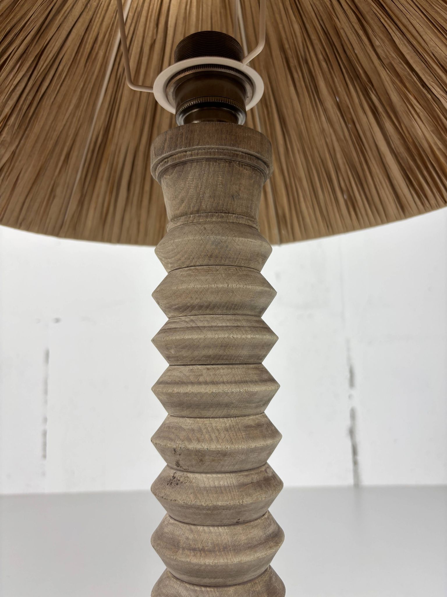 Wabi sabi brutalist wood turned table lamp in the style of Charles Dudouyt