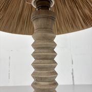 Wabi sabi brutalist wood turned table lamp in the style of Charles Dudouyt