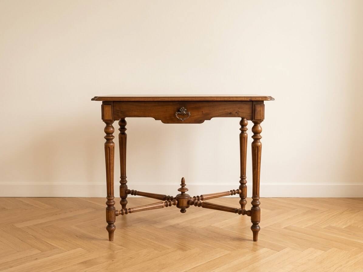 Antique walnut desk with a drawer and turned legs.