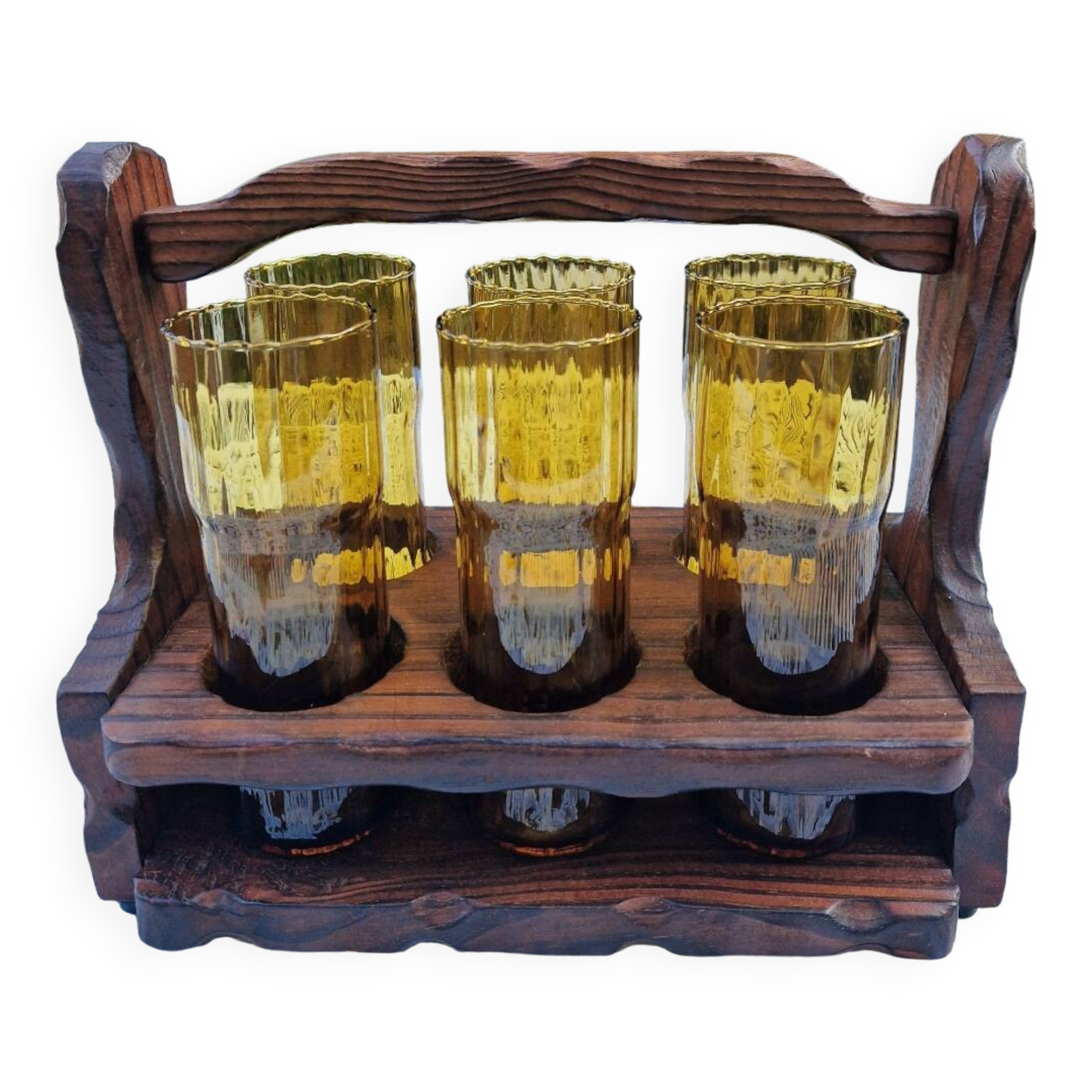 Service de 6 verres vintage ambrés avec porte-verres en bois