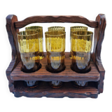 Service de 6 verres vintage ambrés avec porte-verres en bois