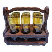Service de 6 verres vintage ambrés avec porte-verres en bois