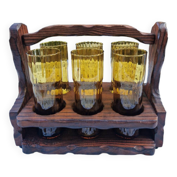 Service de 6 verres vintage ambrés avec porte-verres en bois