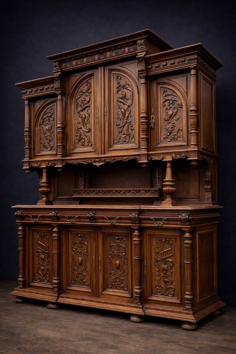 Buffet with eight Renaissance doors in solid walnut.