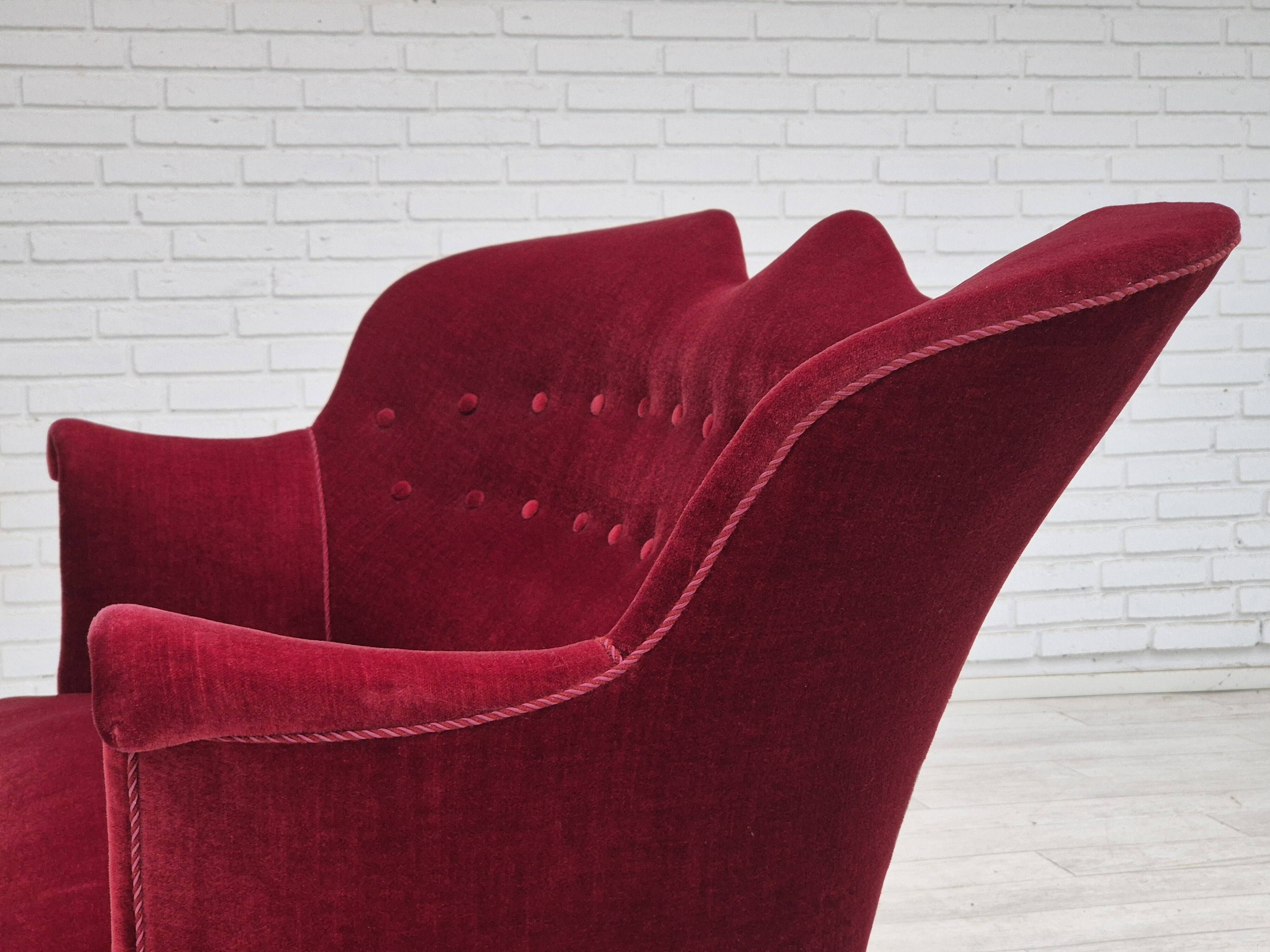 1950s, Danish 2-seater sofa, cherry-red furniture velour, ash wood.