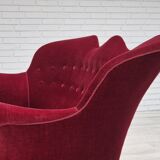 1950s, Danish 2-seater sofa, cherry-red furniture velour, ash wood.