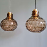 Pair of honeycomb smoked glass pendants, Glasshütte Limburg, 1970