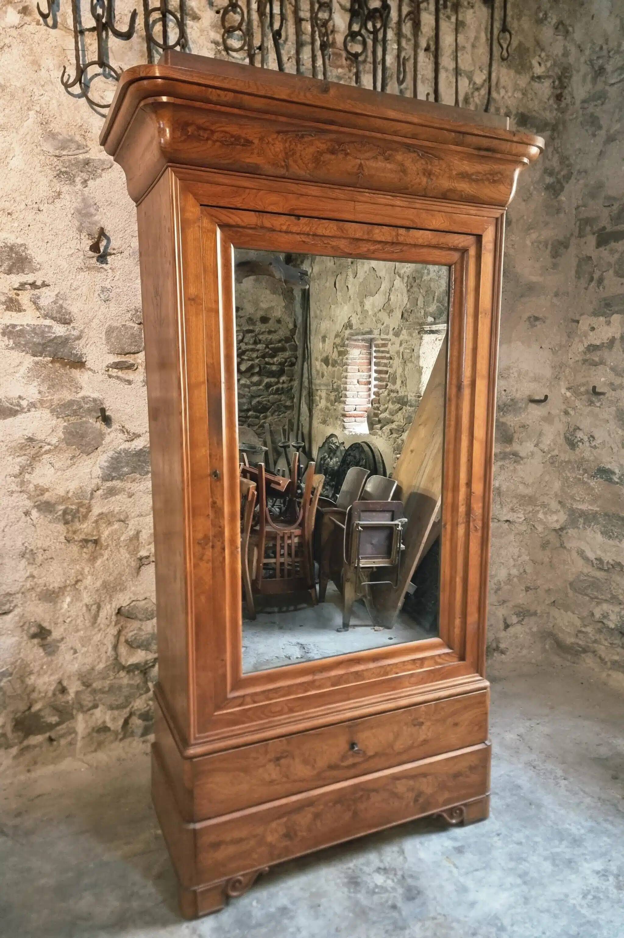 Antique French Louis Philippe wardrobe / wardrobe – elm and oak, mirrored door, 19th century
