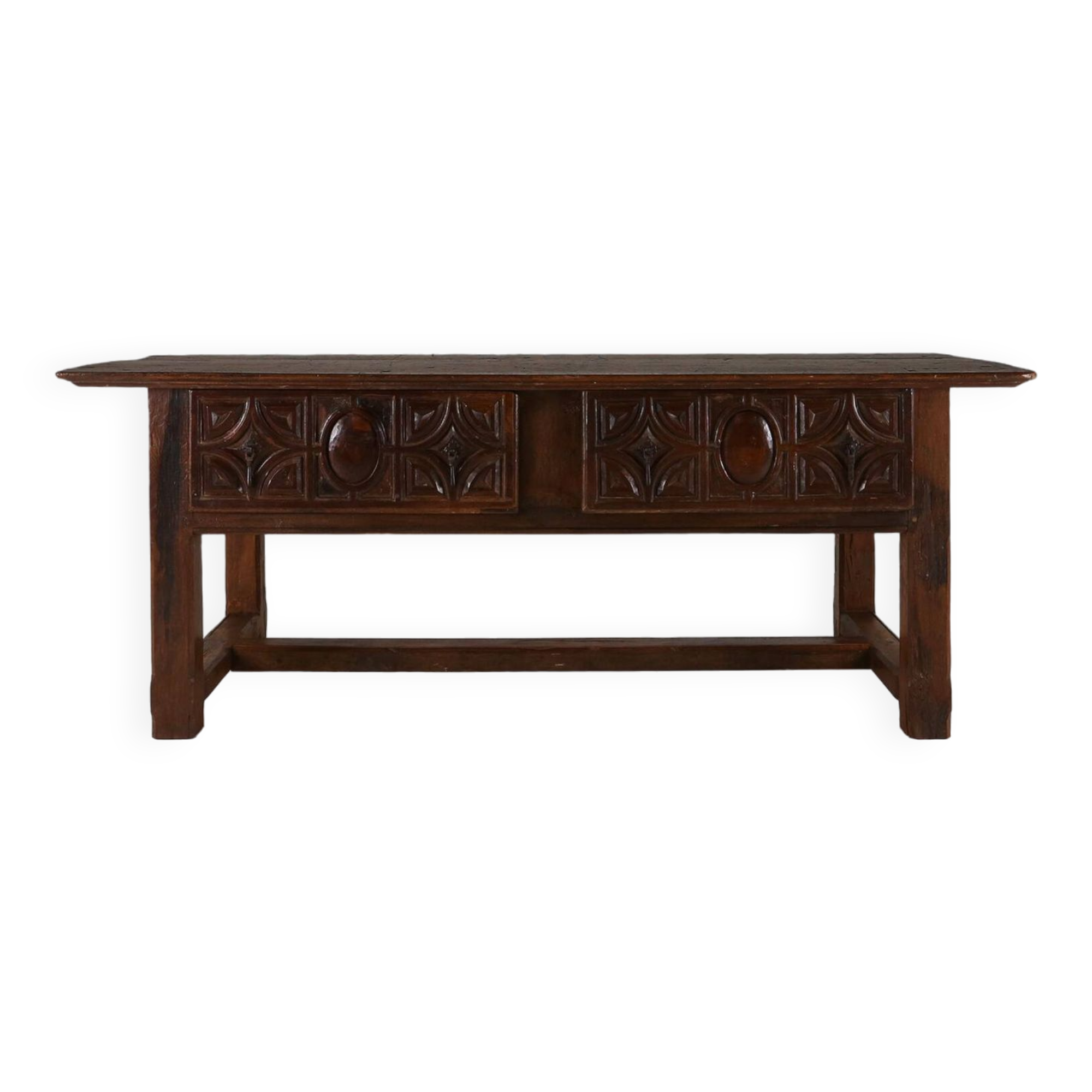 Antique Spanish console table in oak wood, with 2 large drawers from the 18th century.