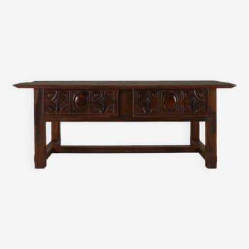 Table console espagnole ancienne en bois de chêne, avec 2 grands tiroirs du 18ème siècle.