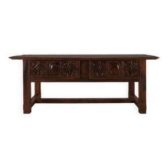 Antique Spanish console table in oak wood, with 2 large drawers from the 18th century.