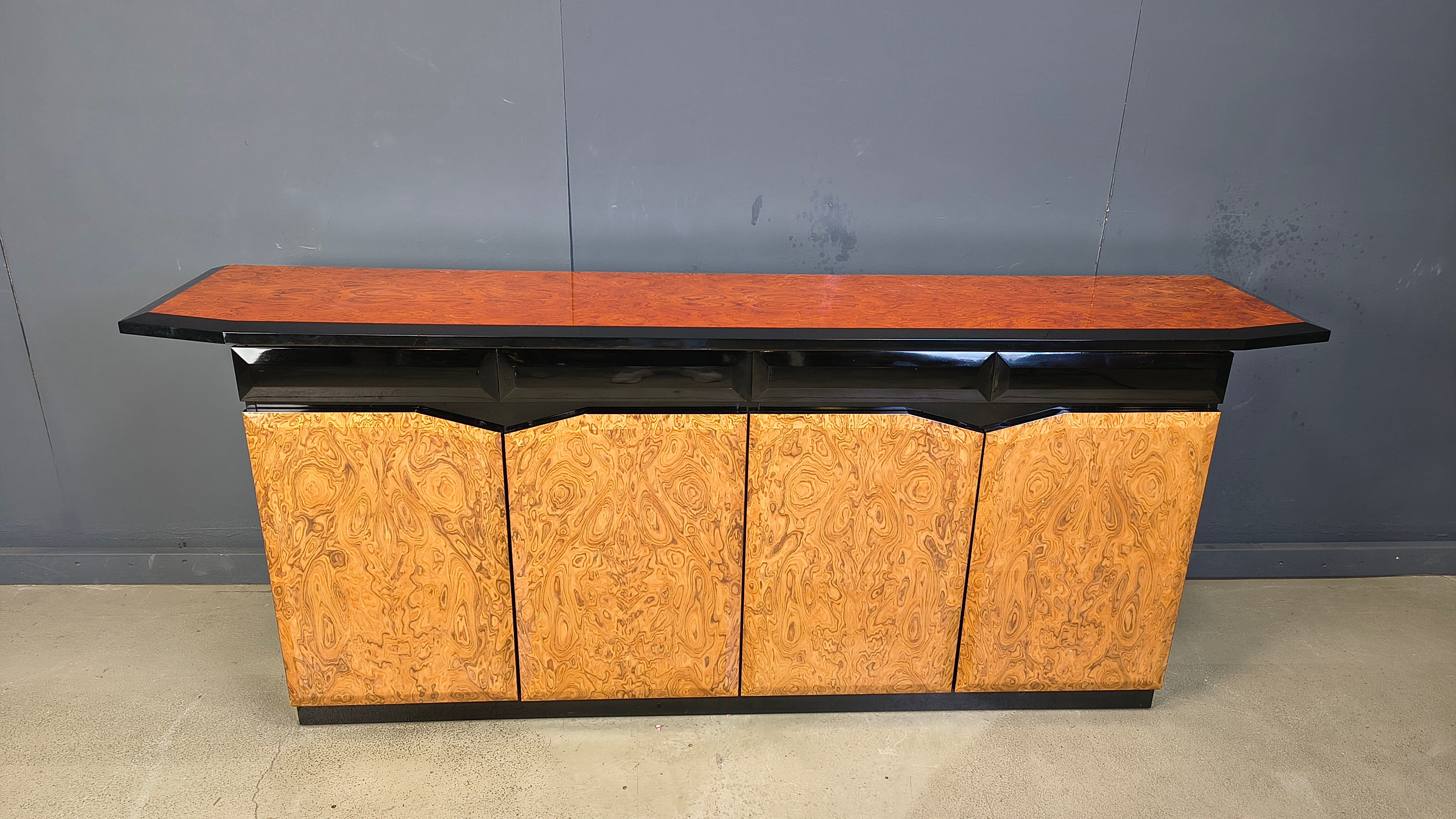 Vintage lacquer and burl wood credenza, 1980s