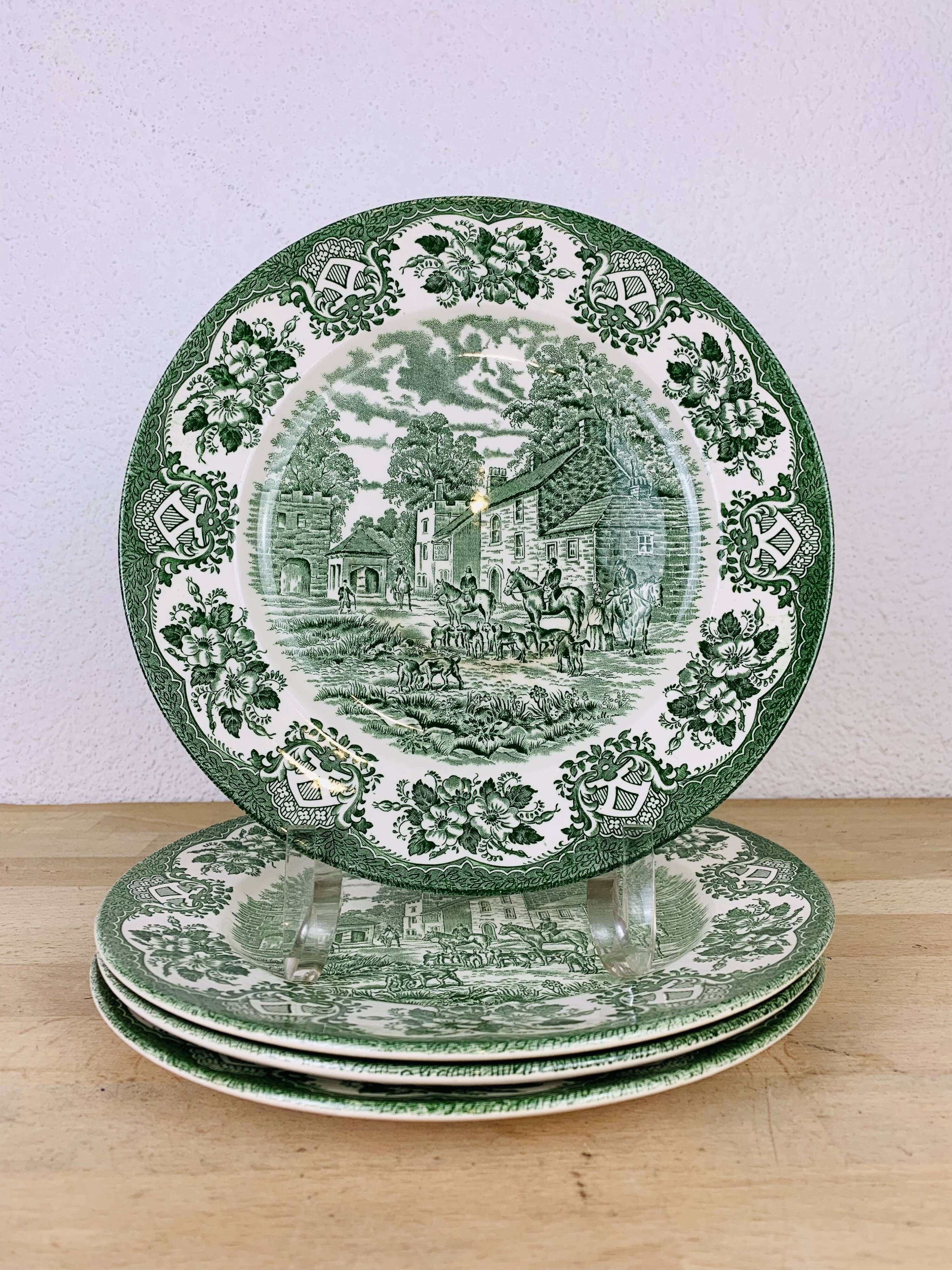 4 plates Green English Iron Earth Staffordshire England ironstone