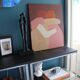 Minimalist figurative painting version burgundy "don't leave me".