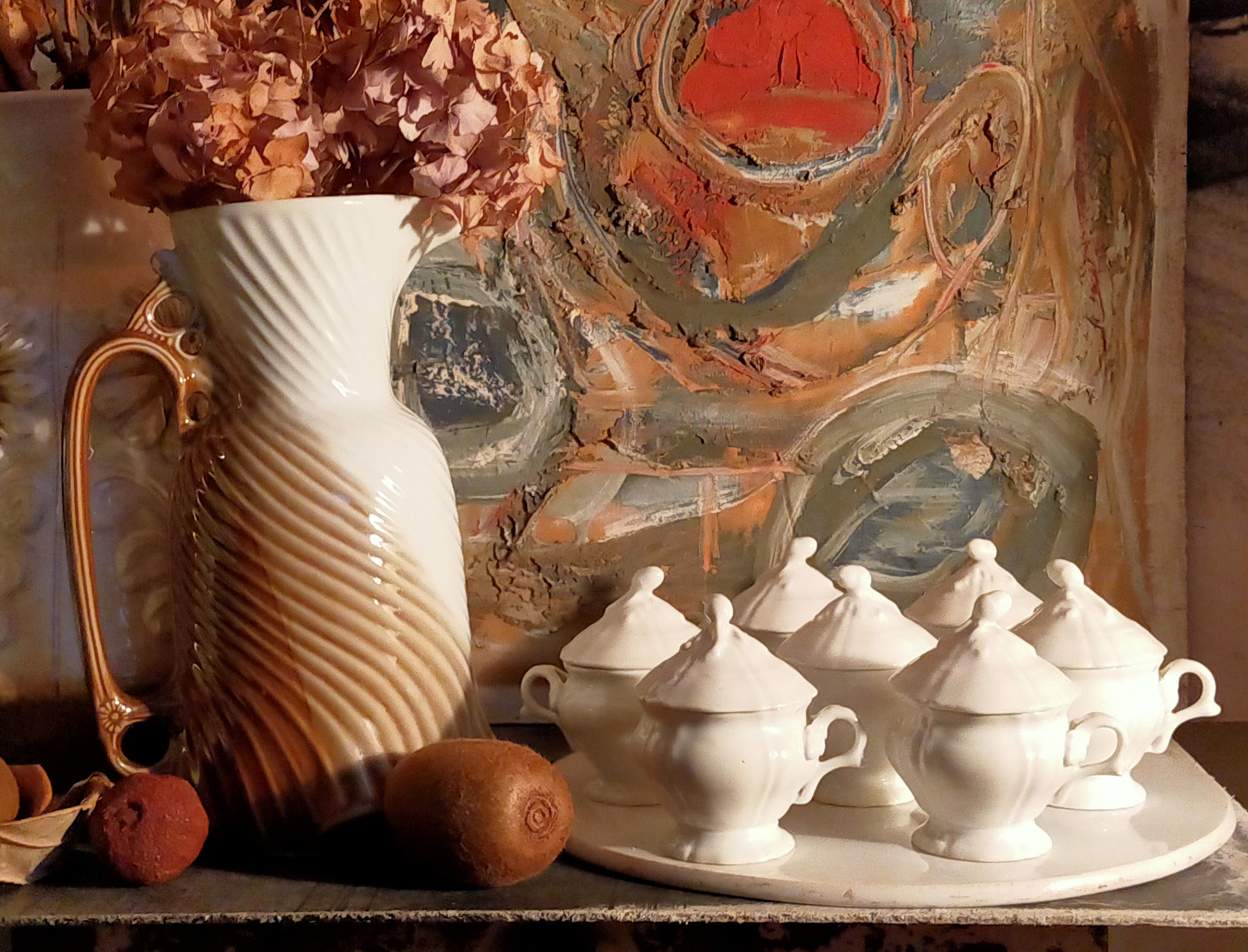 Set of seven covered pots and tray old white slurry nineteenth