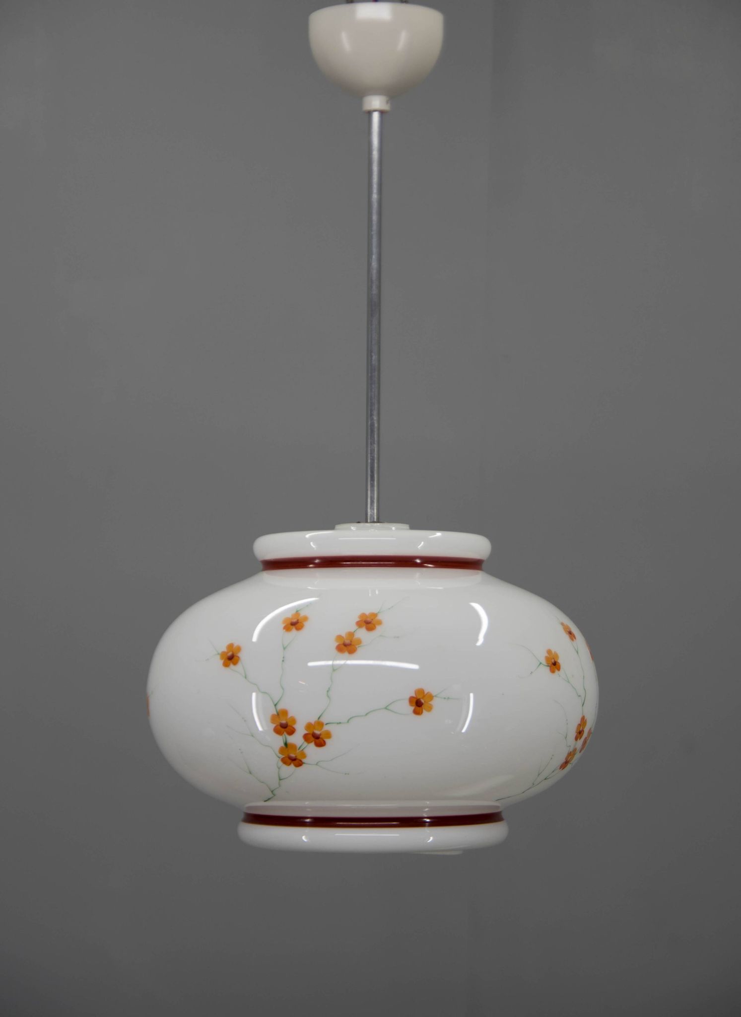 1970s Hand-Painted Milk Glass Pendant Light  Mid-Century Vintage