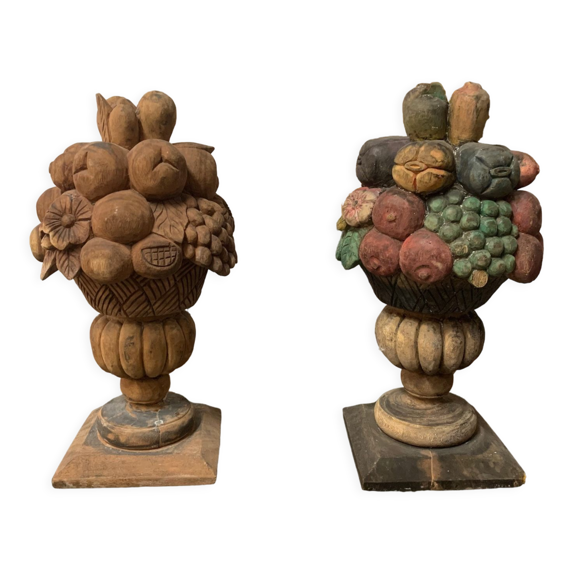 Pair of fruit cup and flowers wood