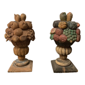 Pair of fruit cup and flowers wood