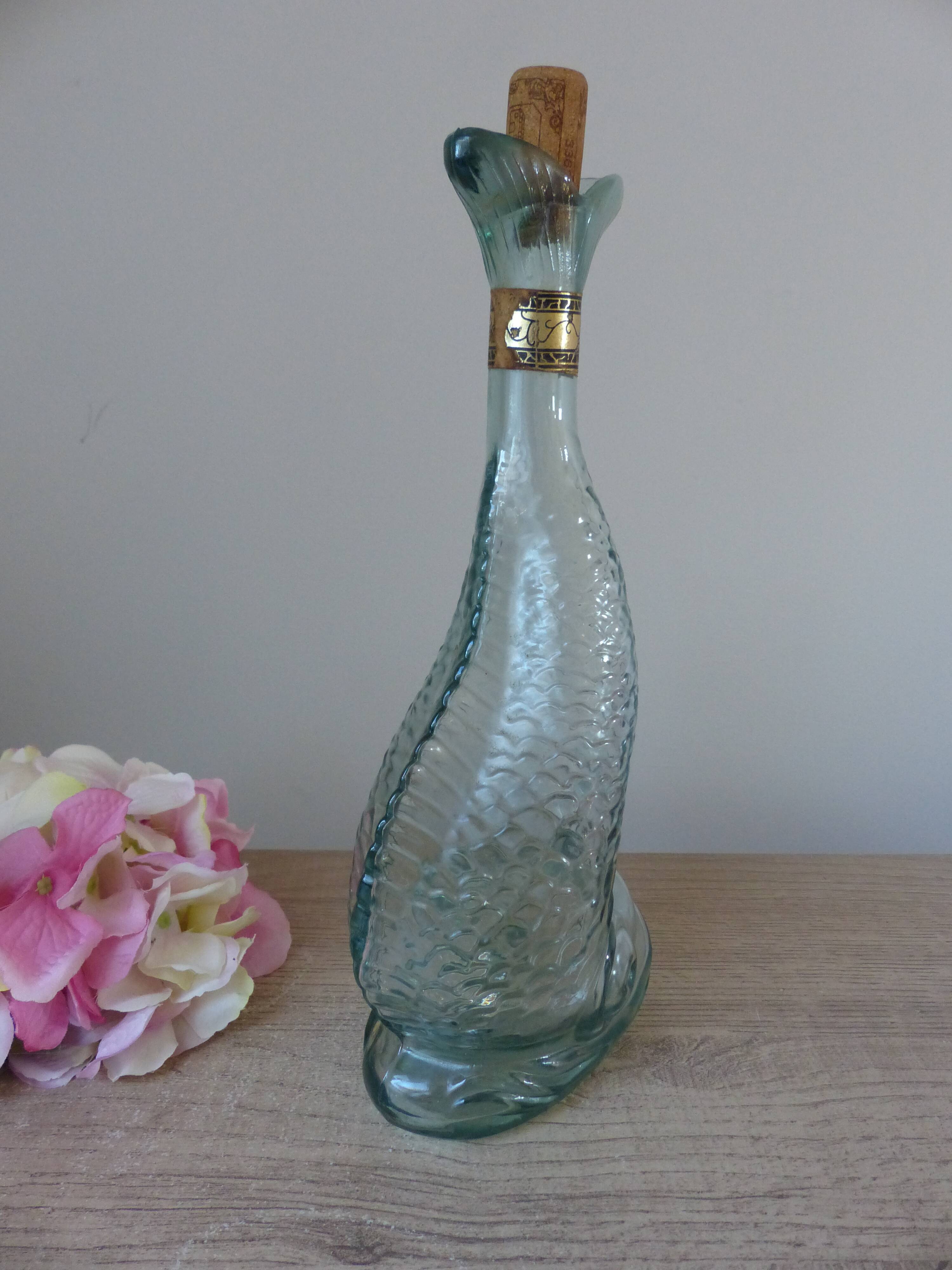 Vintage Italian glass fish bottle 75 cl, seaside decor 1970.