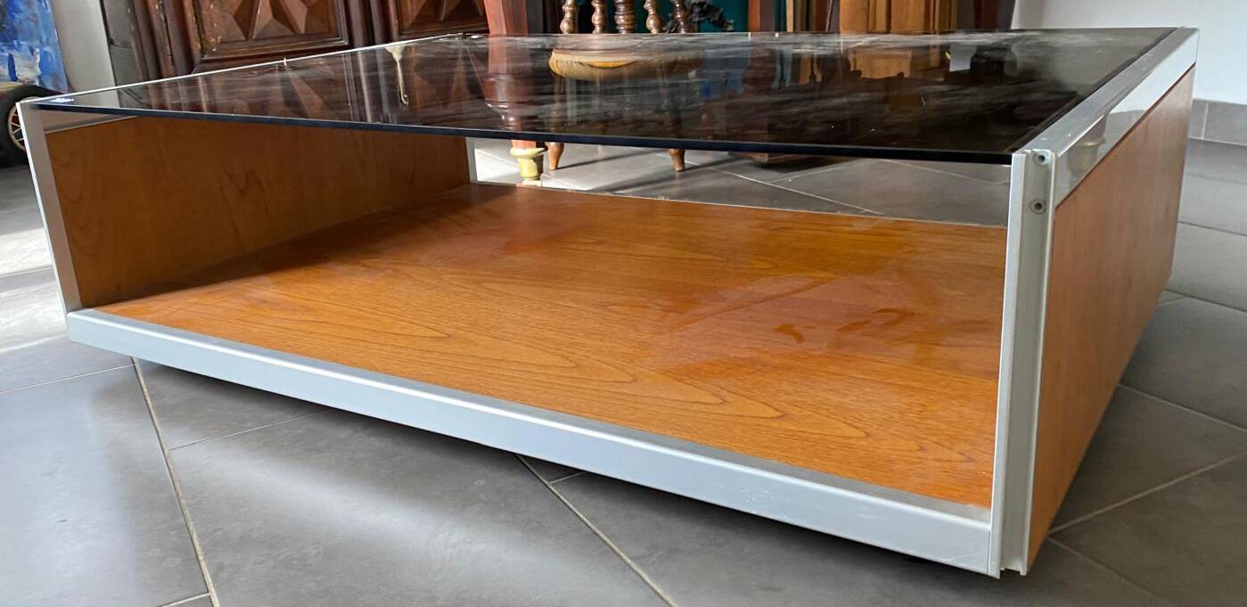 Coffee Table in Wood, Aluminium and Smoked Glass, 1970