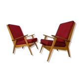 Pair of 50s vintage boomerang armchairs velvet and wood