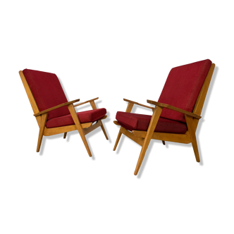 Pair of 50s vintage boomerang armchairs velvet and wood