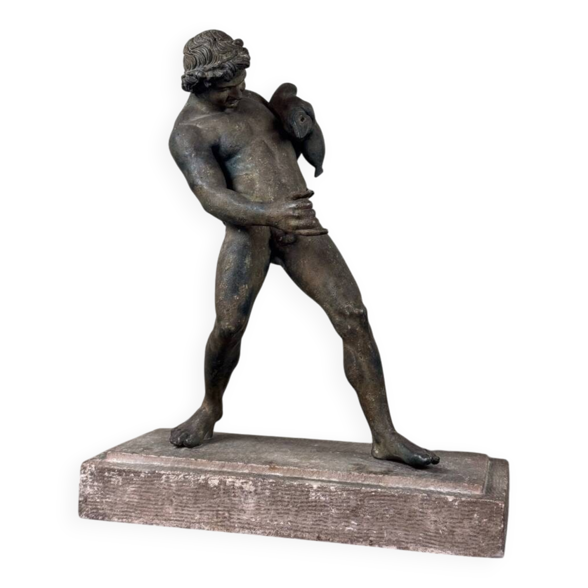 Faun with a Wineskin, Large Bronze Patina Excavated, Object from the Grand Tour, 19th Century