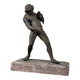 Faun with a Wineskin, Large Bronze Patina Excavated, Object from the Grand Tour, 19th Century