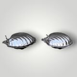 Set of 2 vintage shell butter dishes in stainless steel and cobalt blue glass