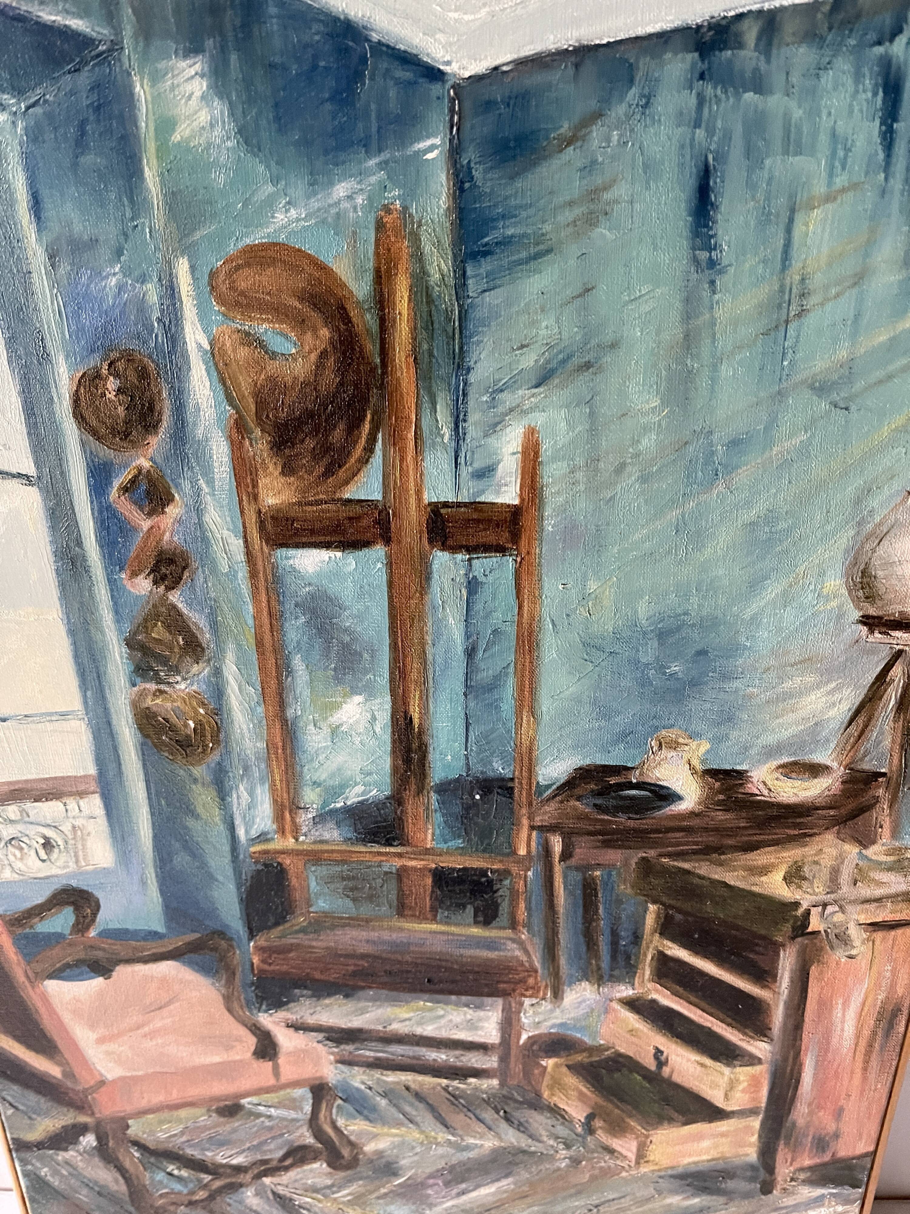 Oil on canvas interior of workshop signed