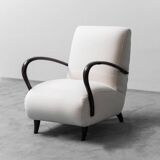 Set divano e poltrona in tessuto bianco legno anni ’70 modernariato