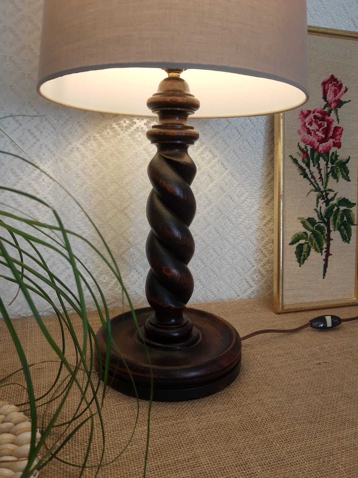 Turned wooden table lamp - vintage