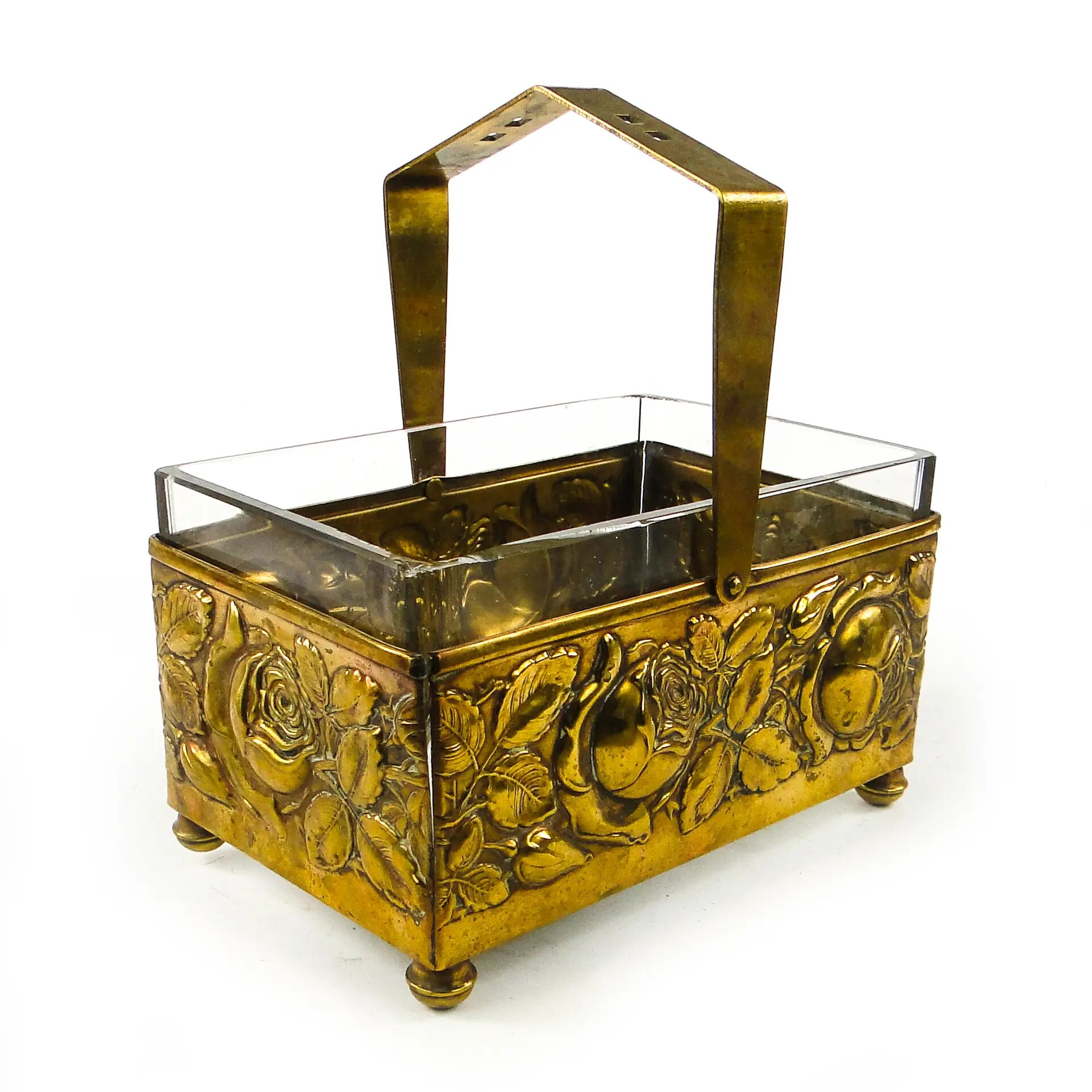 Panier à noix et fruits Art Déco, en laiton, cristal, Allemagne, années 1930