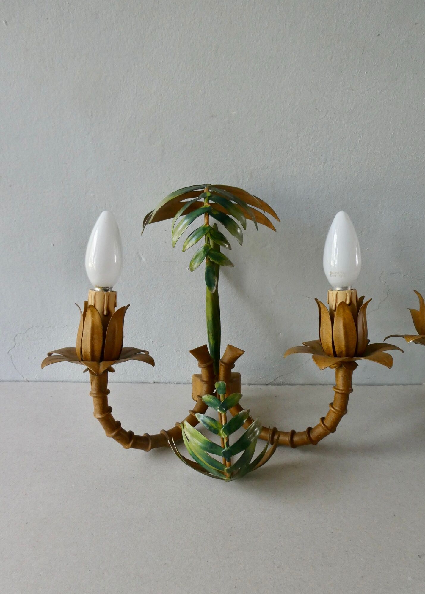 Pair of bamboo and palm sconces in metal 70s