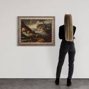 Peinture ancienne de paysage avec personnages du XVIIIe siècle