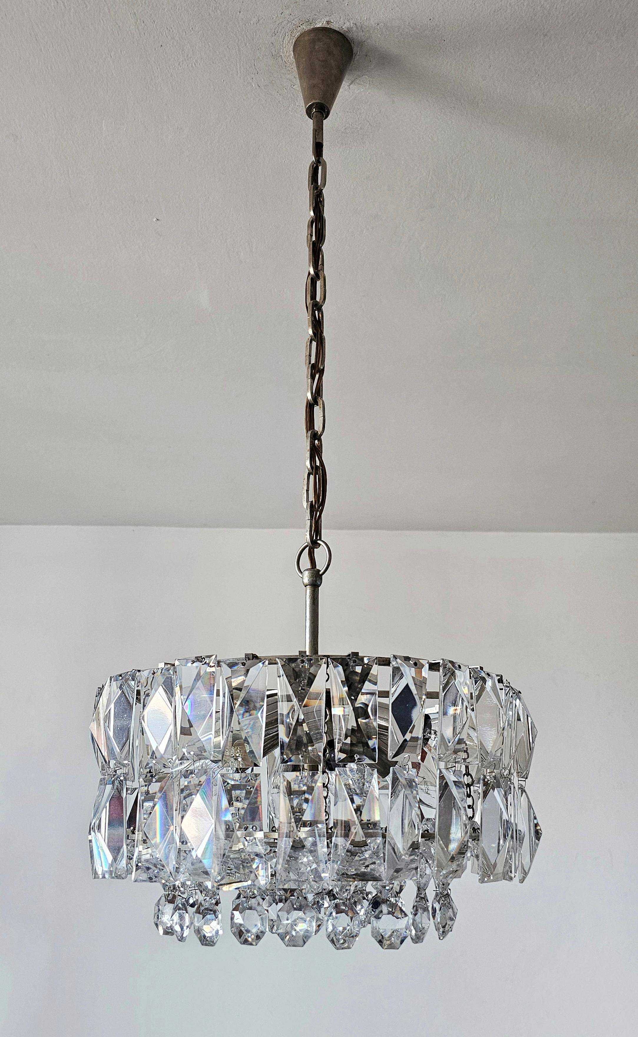 Nickel-plated crystal chandelier Mid Century Modern by Bakalowits