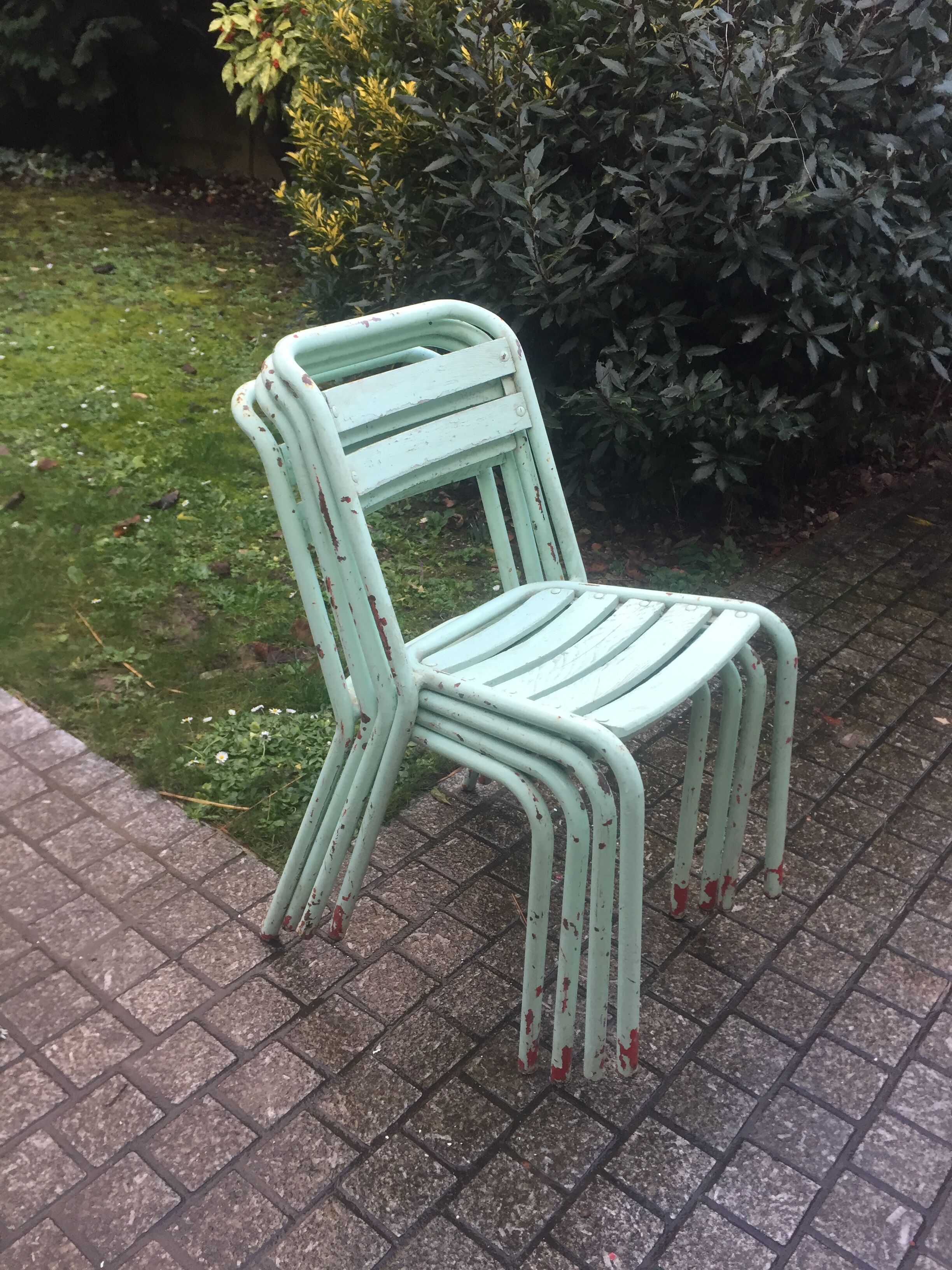 4 chaises vintage tolix bois et métal vert d'eau 1950